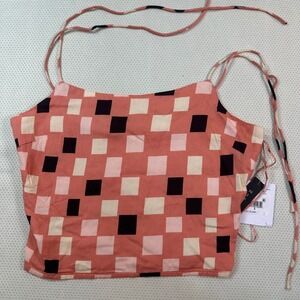 O'Neill Geometric Square Print Crop Top Womens Small Coral Pink NWT Smocked Back